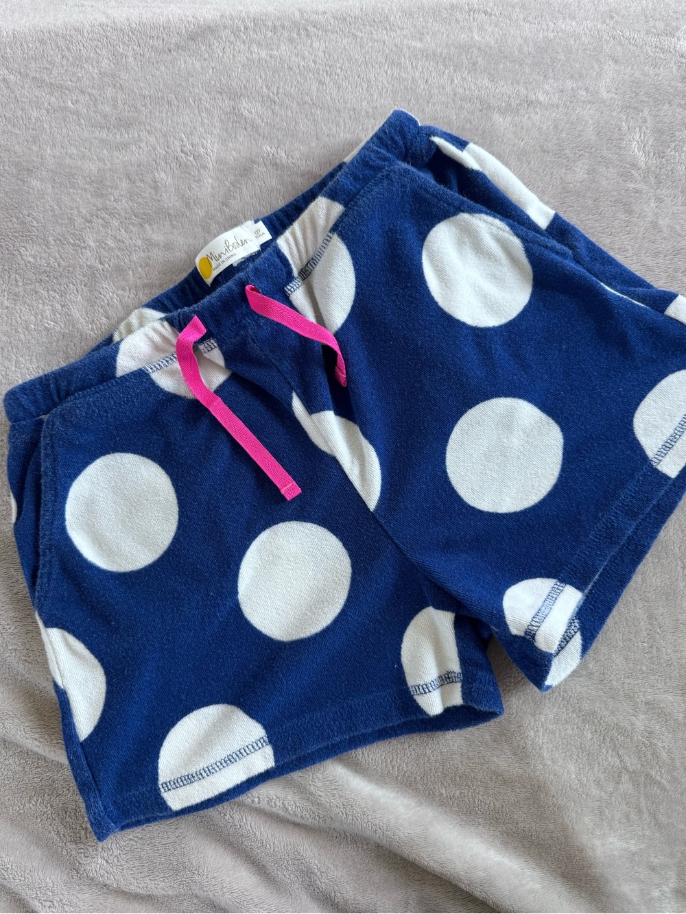 Mini Boden Navy Blue Polka Dot Terry Shorts with Pink Drawstring Size 12